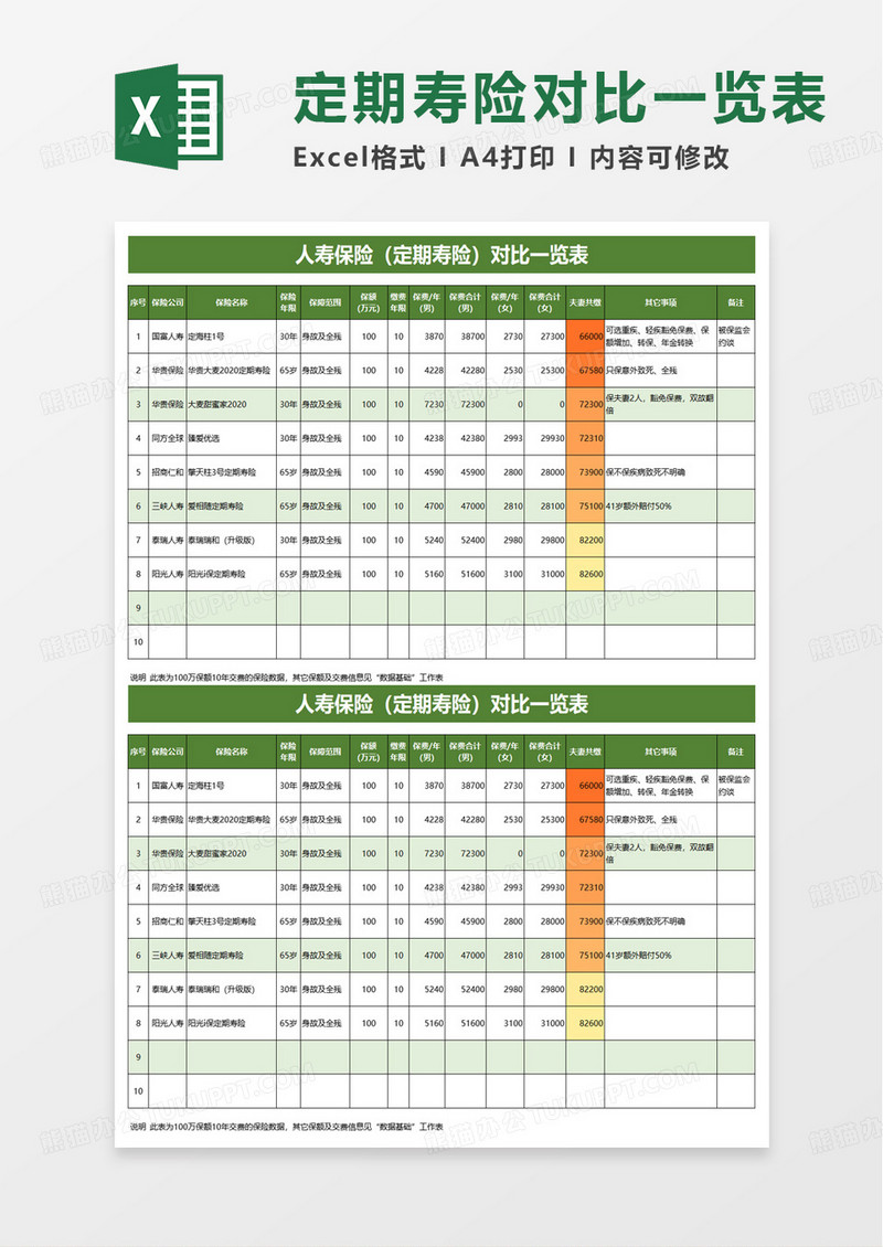 人寿保险定期寿险对比一览表excel模板