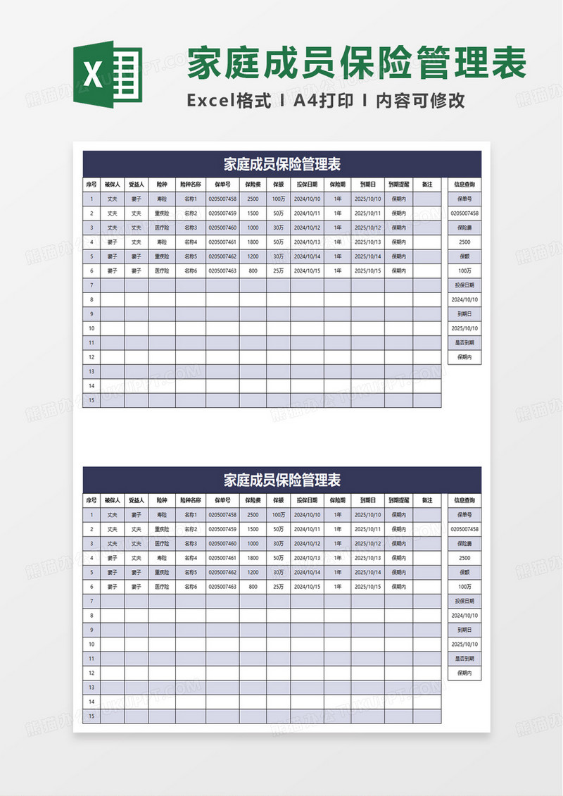 家庭成员保险管理表excel模板
