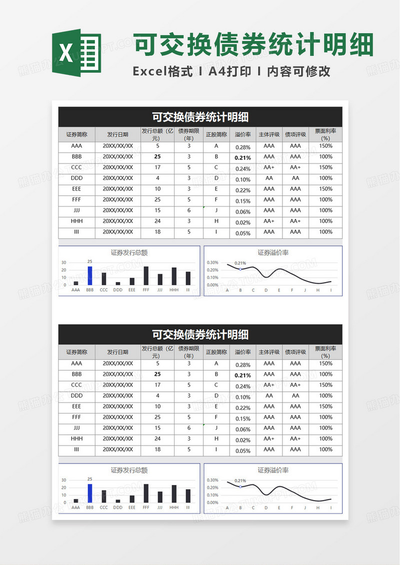 可交换债券统计明细excel模板