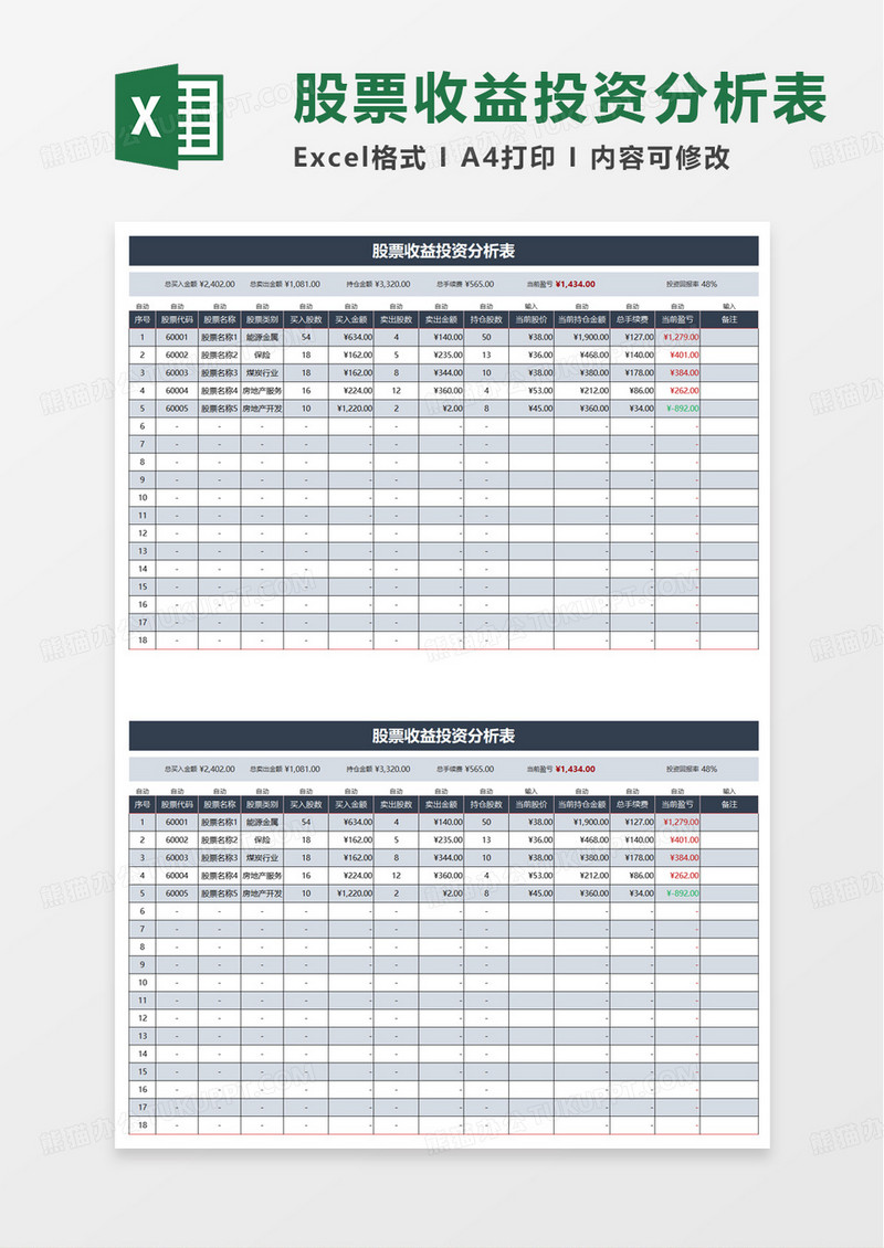 股票投资分析管理系统excel模板