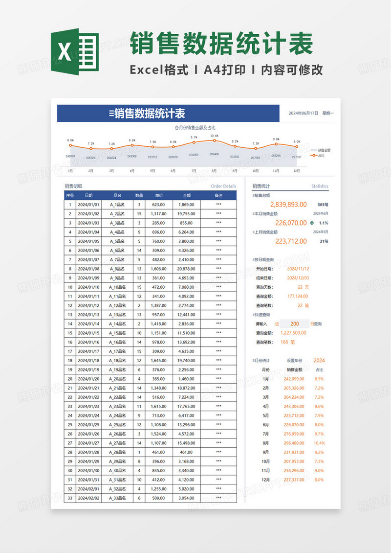 简洁销售数据统计表excel模板