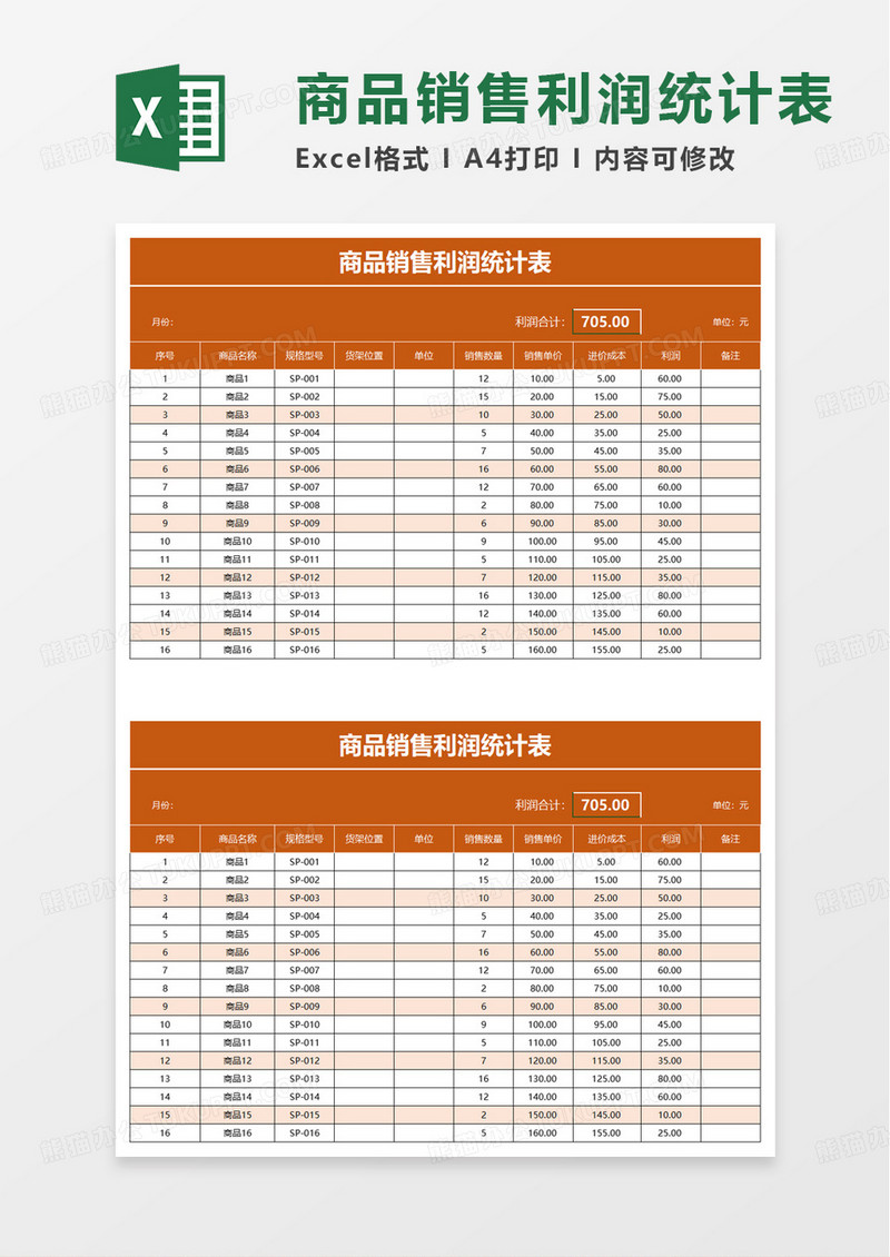 简洁商品销售利润统计表excel模板