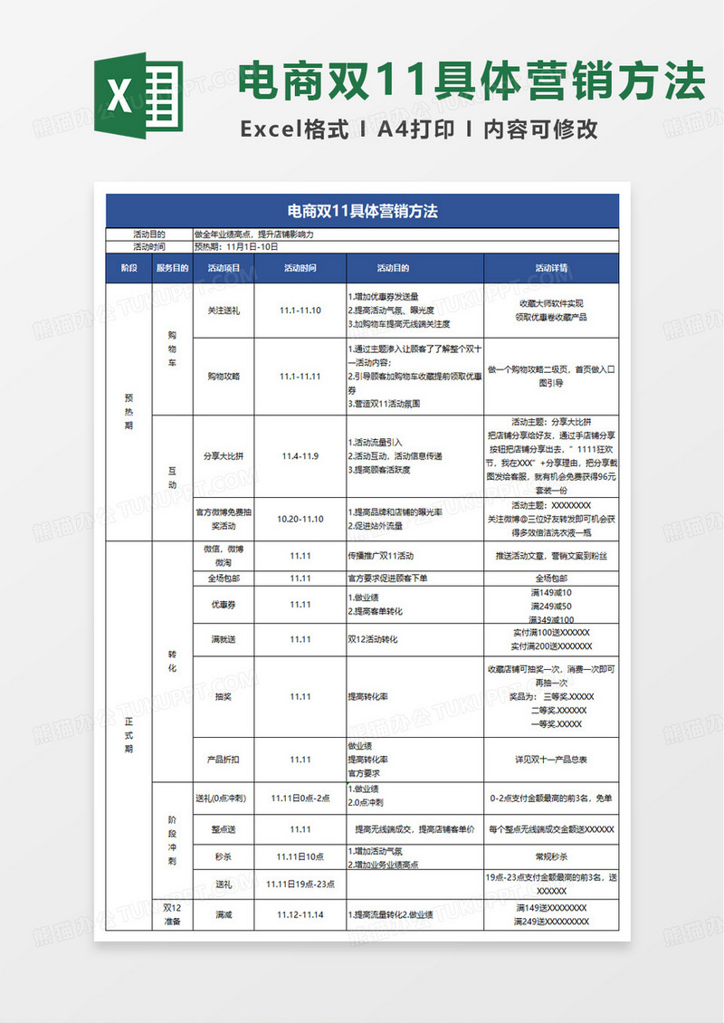电商双11具体营销方法excel模板