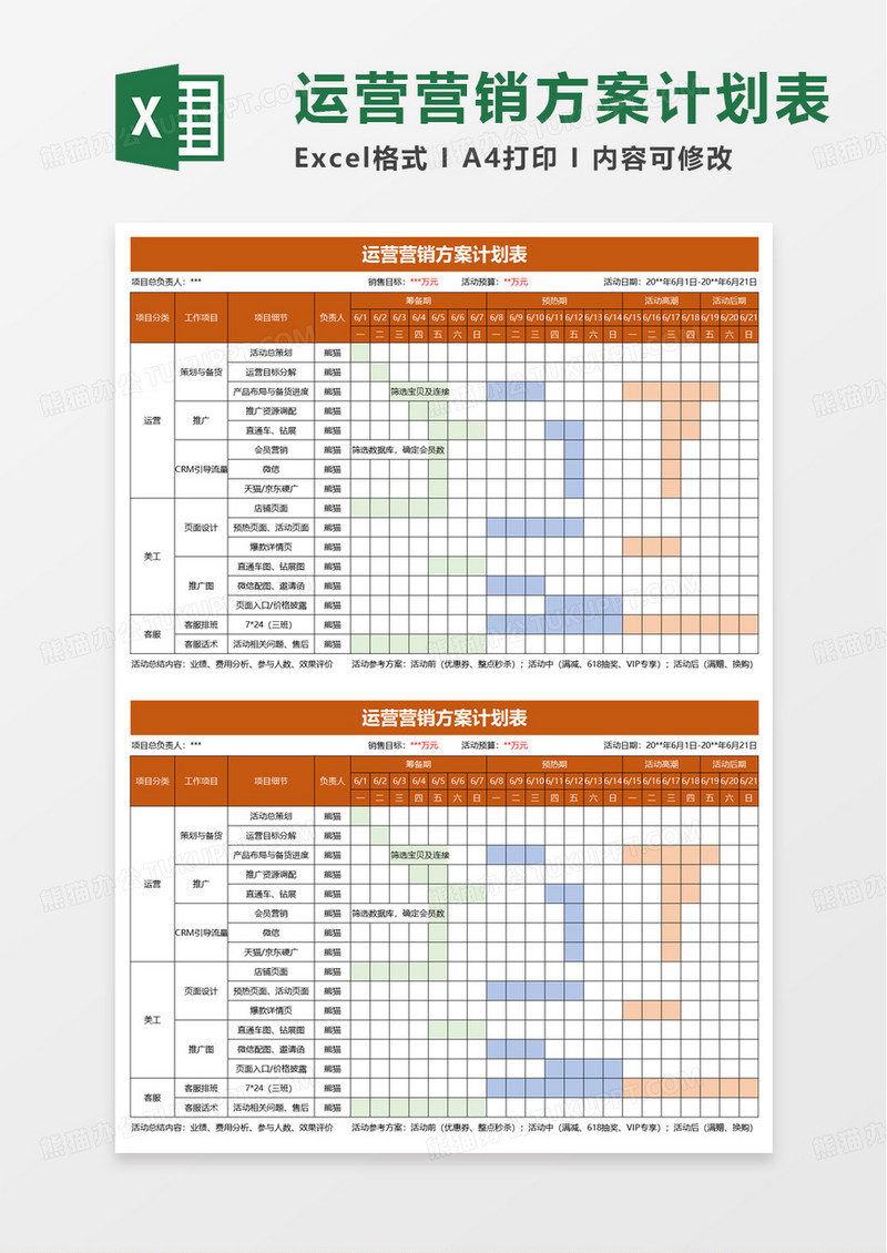 618运营营销方案计划表excel模板