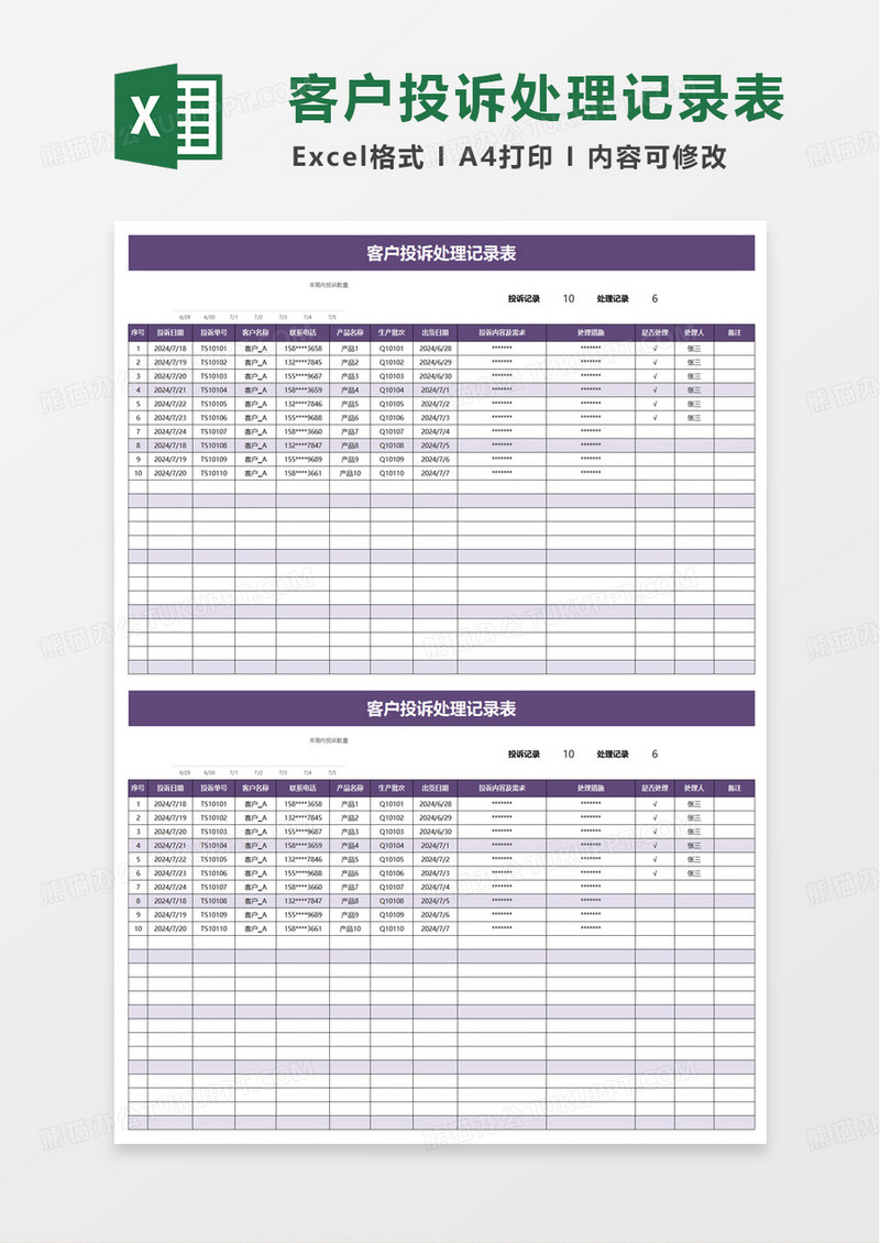 简洁客户投诉处理记录表excel模板