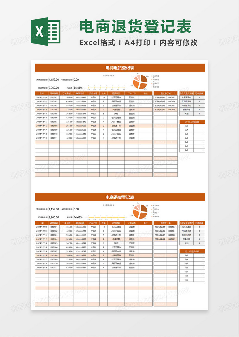 实用简洁电商退货登记表excel模板
