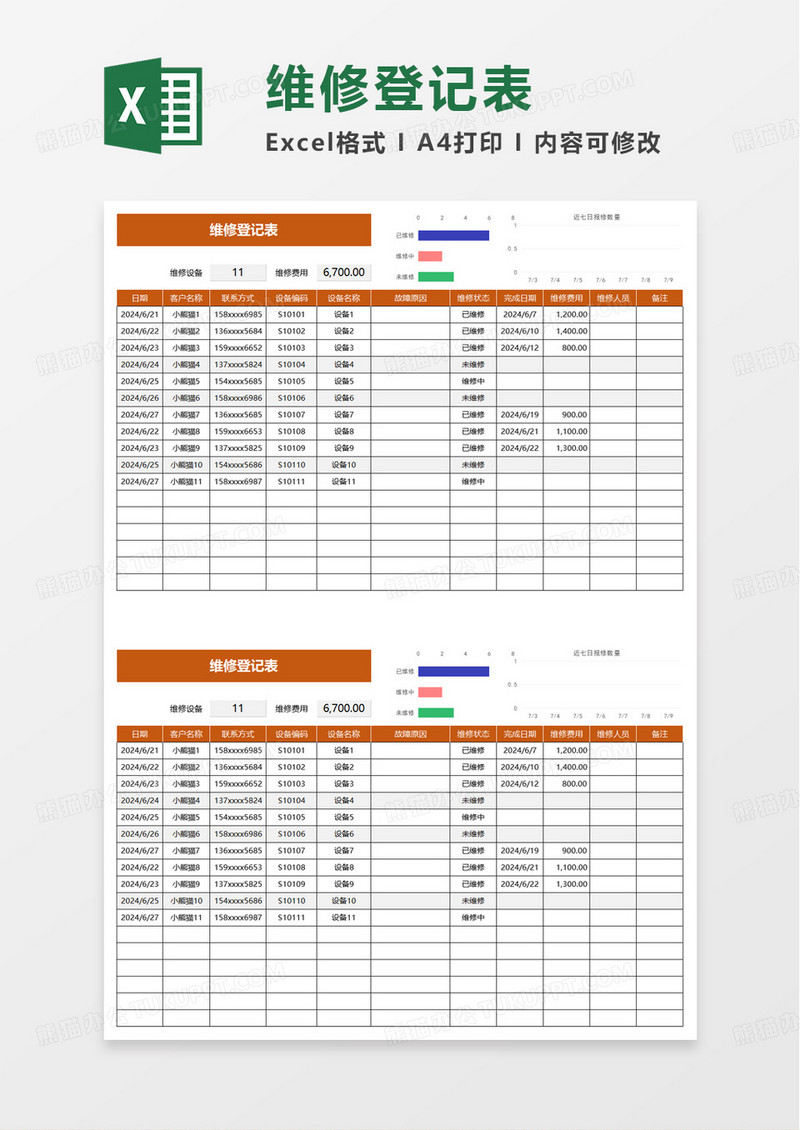 扁平风维修登记表excel模板