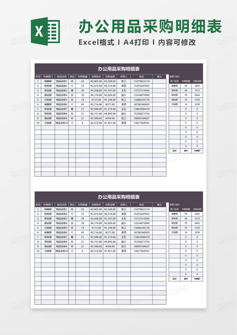 办公用品采购明细表excel模板