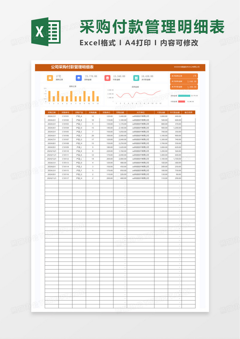 公司采购付款管理明细表excel模板