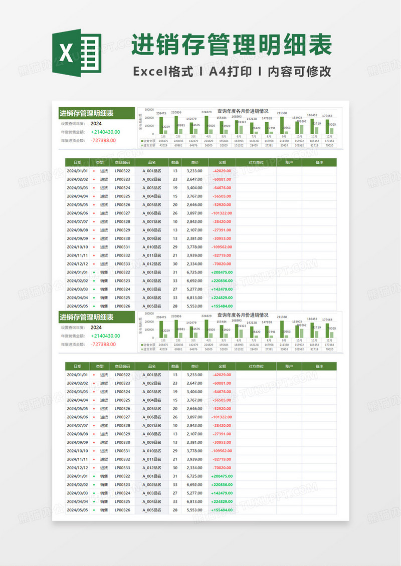 扁平实用进销存管理明细表excel模板
