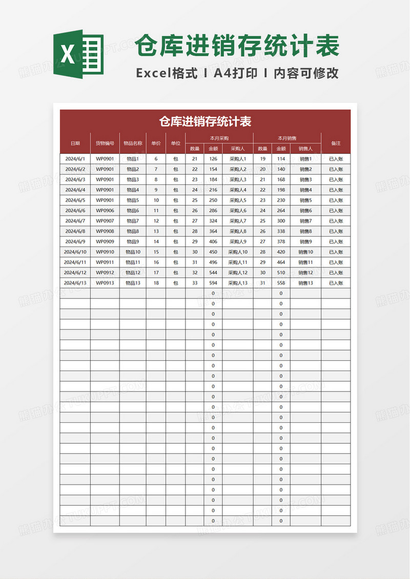 仓库货物进销存统计表excel模板