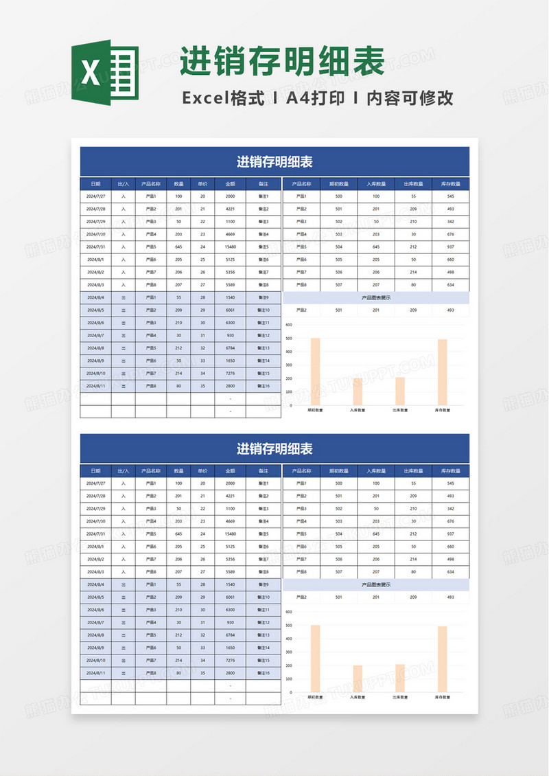 蓝色进销存明细表excel模板