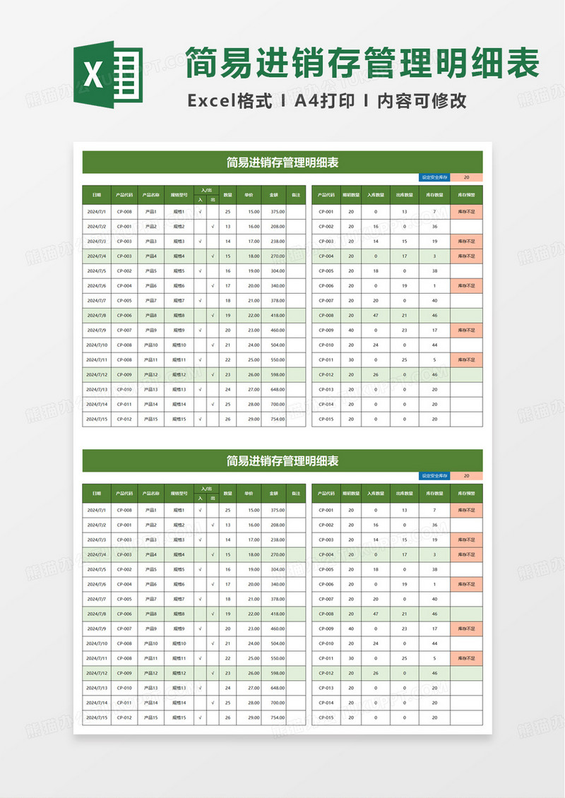 简易进销存管理明细表excel模板