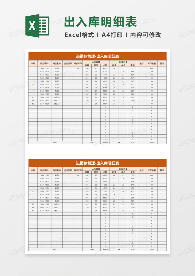 橙色简洁扁平出入库明细表excel模板