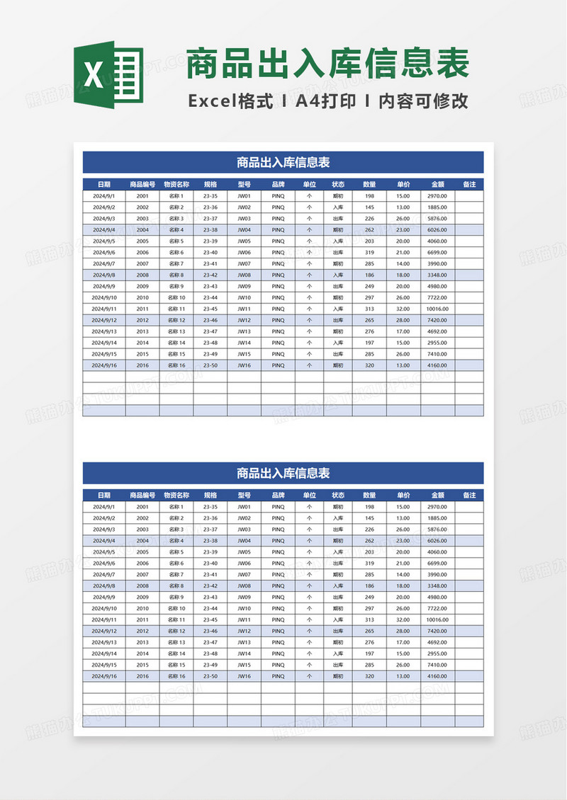 仓库进销存管理自动结存库存表excel模板