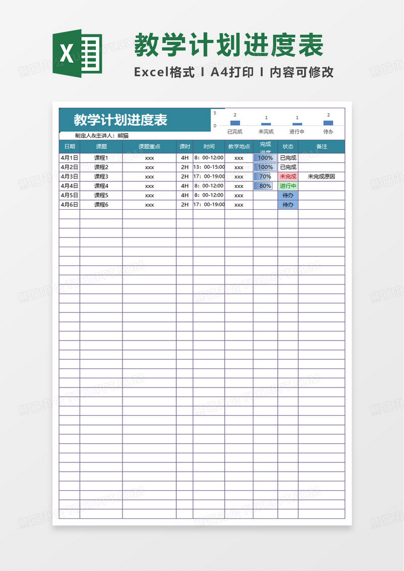 简洁实用教学计划进度表excel模板