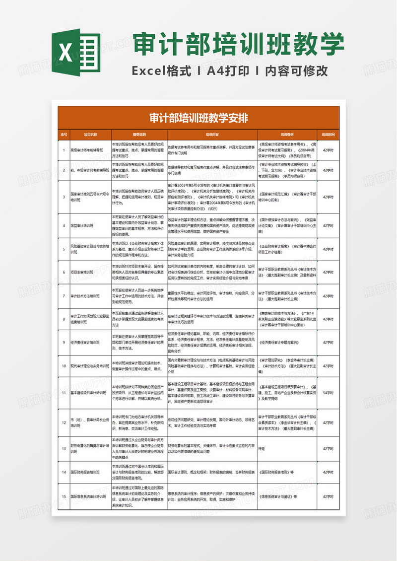 审计部培训班教学安排excel模板