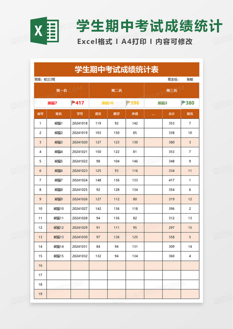 学生期中考试成绩统计表excel模板