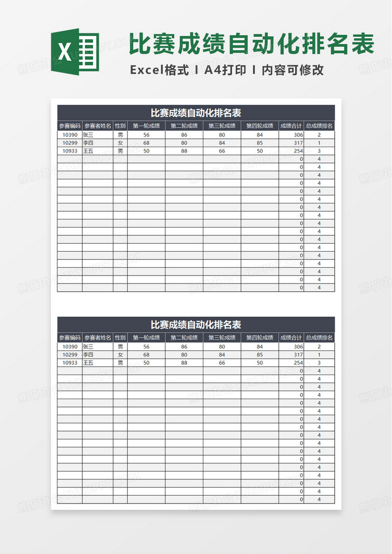 比赛成绩自动化排名表excel模板