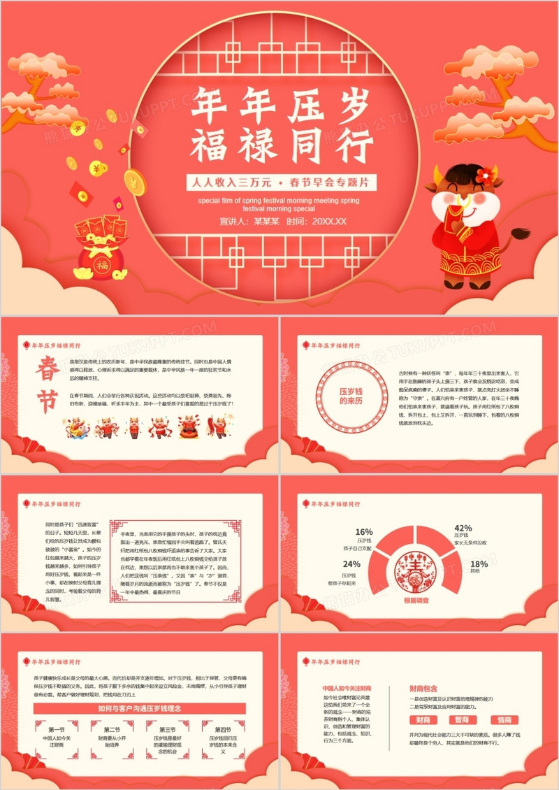 年年压岁福禄同行人人收入三万元春节早会专题片动态PPT