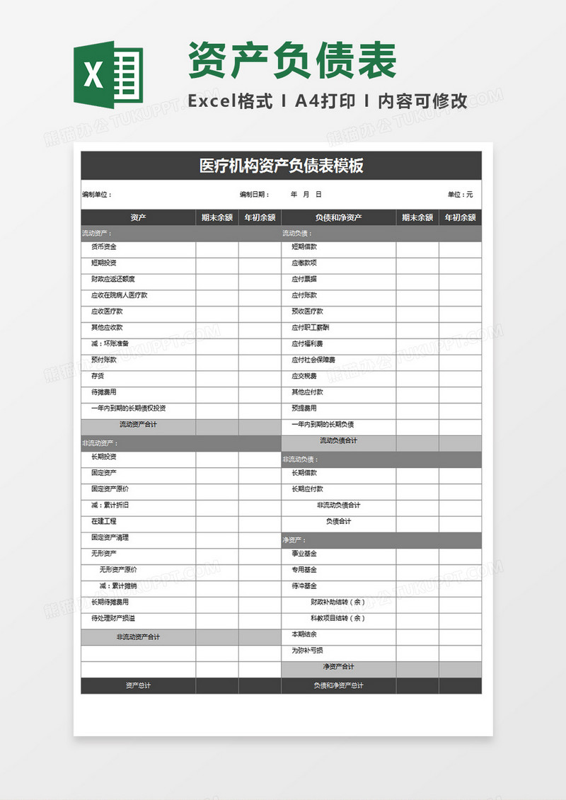 医疗机构资产负债表模板excel模板