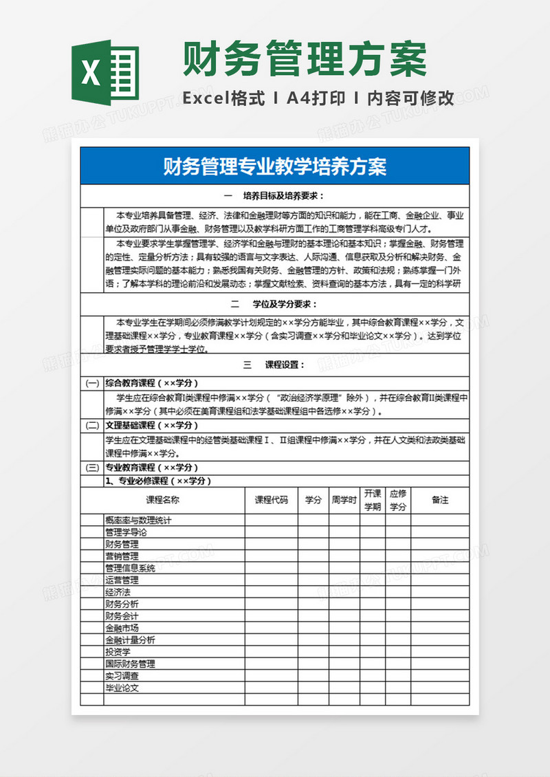 财务管理专业教学培养方案excel模板