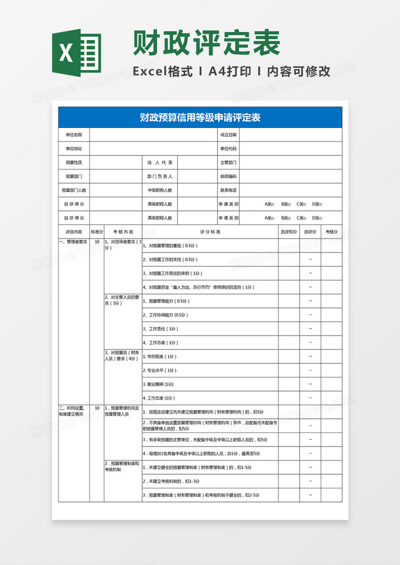 财政预算信用等级申请评定表excel模板