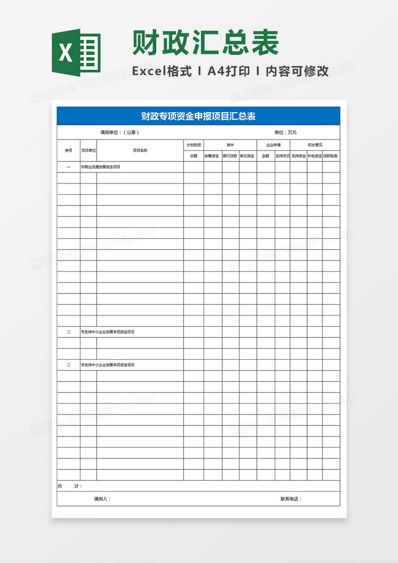 财政专项资金申报项目汇总表excel模板