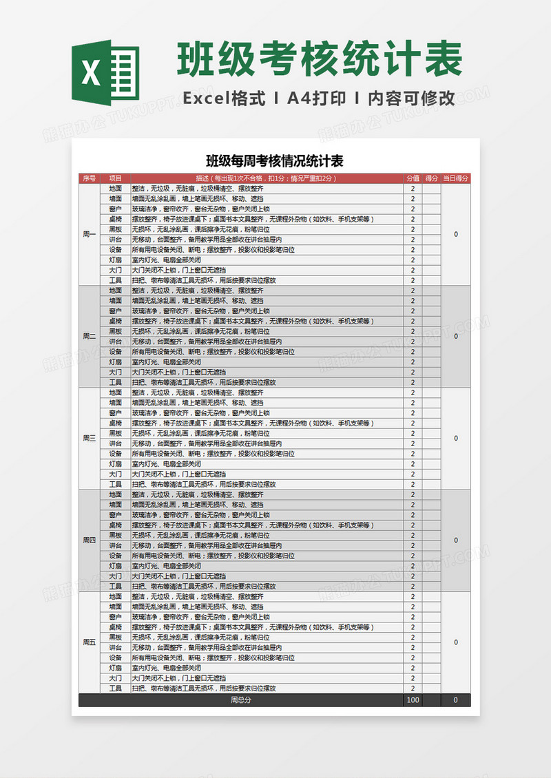 班级每周考核情况统计表excel模板