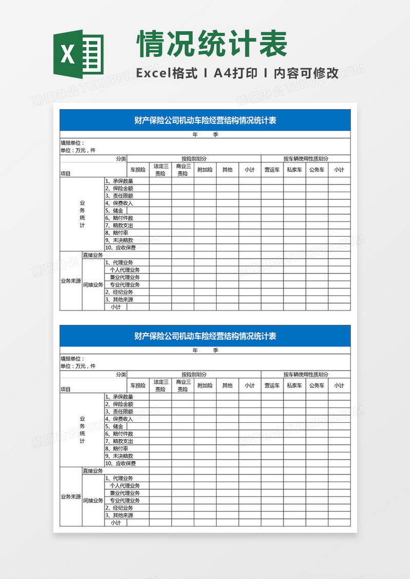 财产保险公司业务统计表excel模板 