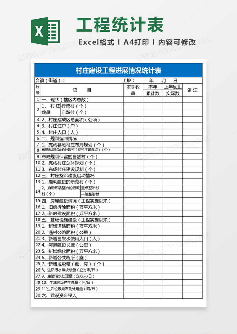 村庄建设工程进展情况统计表excel模板 