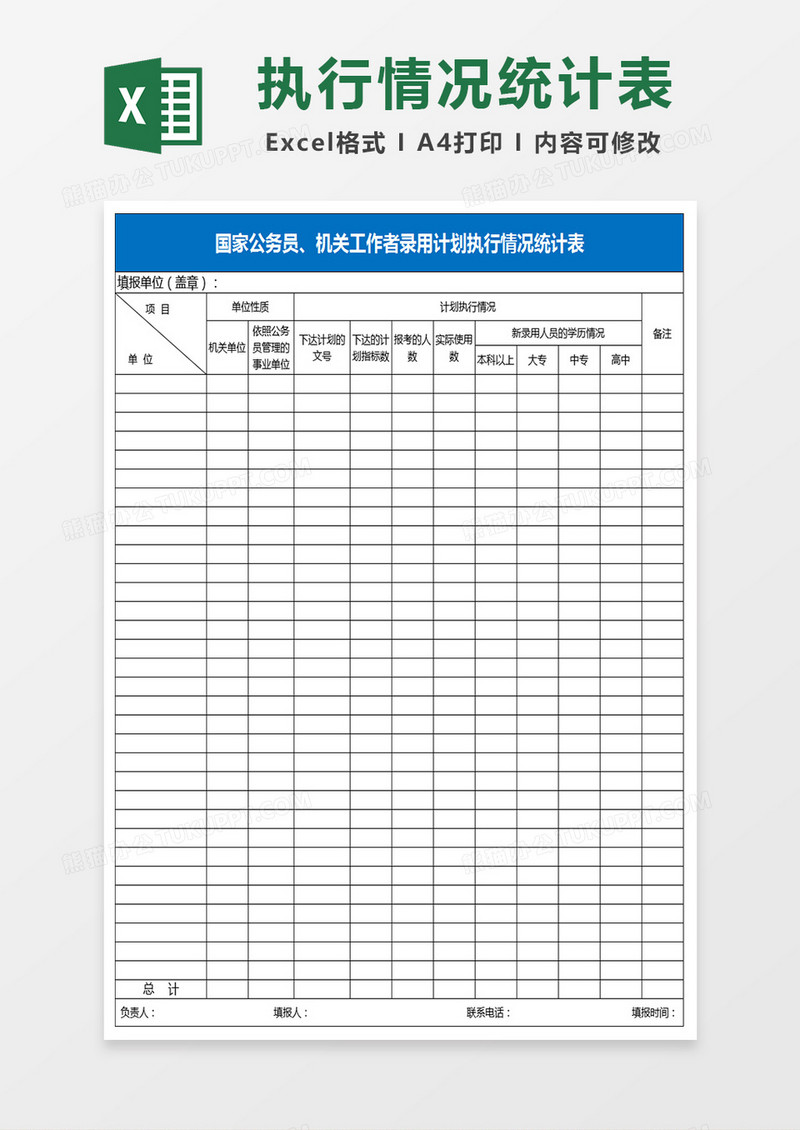 国家公务员机关工作者录用计划执行情况统计表Excel表格