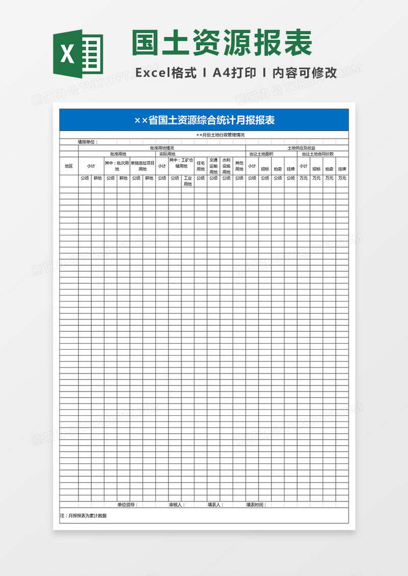 国土资源综合统计月报报表Excel模板