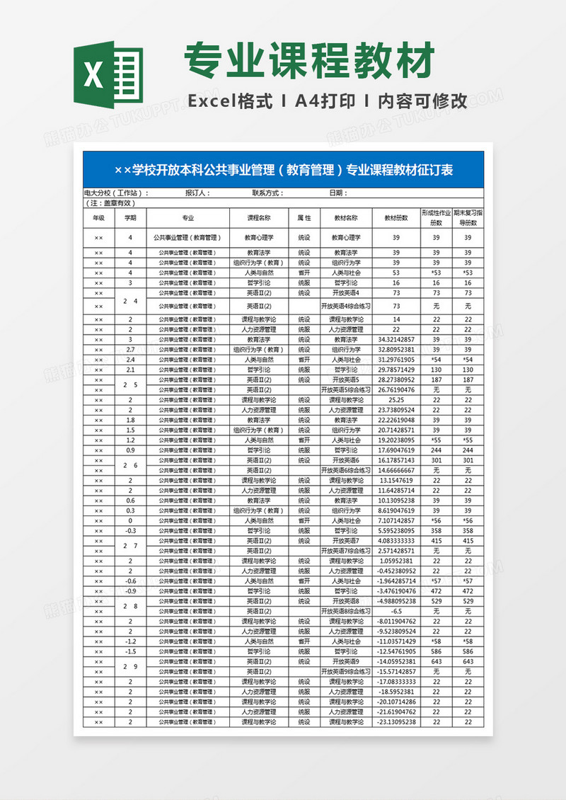 学校开放本科公共事业管理教育管理专业课程教材征订表