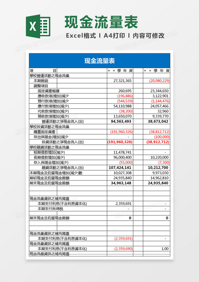 学校现金流量表Excel表格