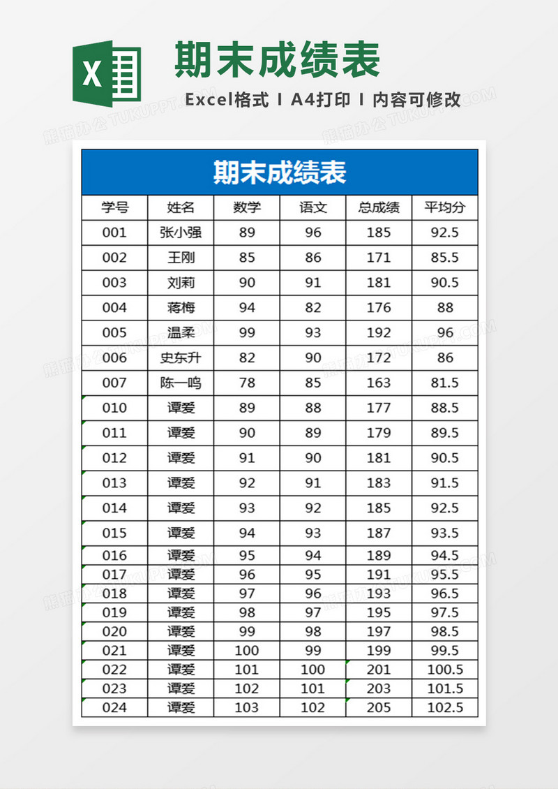 期末成绩表excel表格