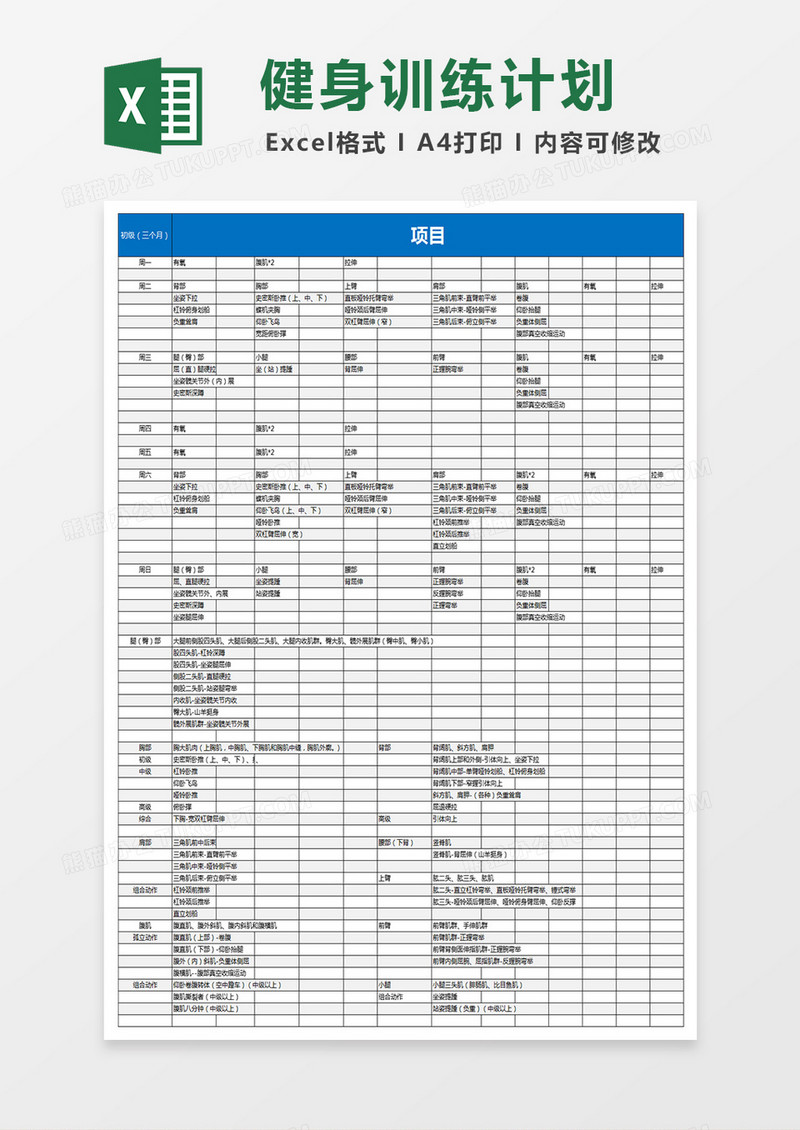 个人适合初级健身训练计划excel表