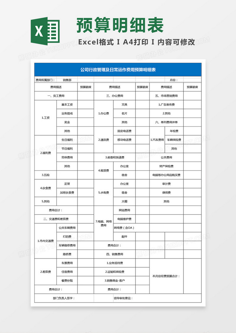 部门经费预算明细表excel表