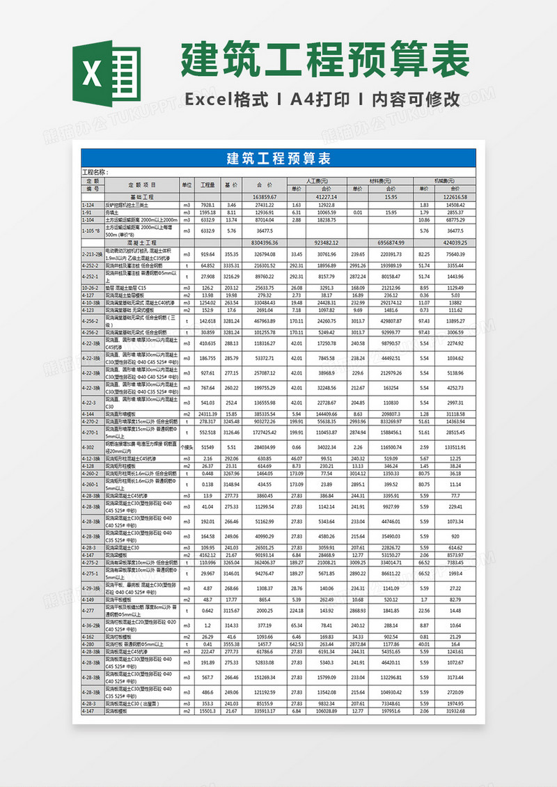 建筑工程预算表格