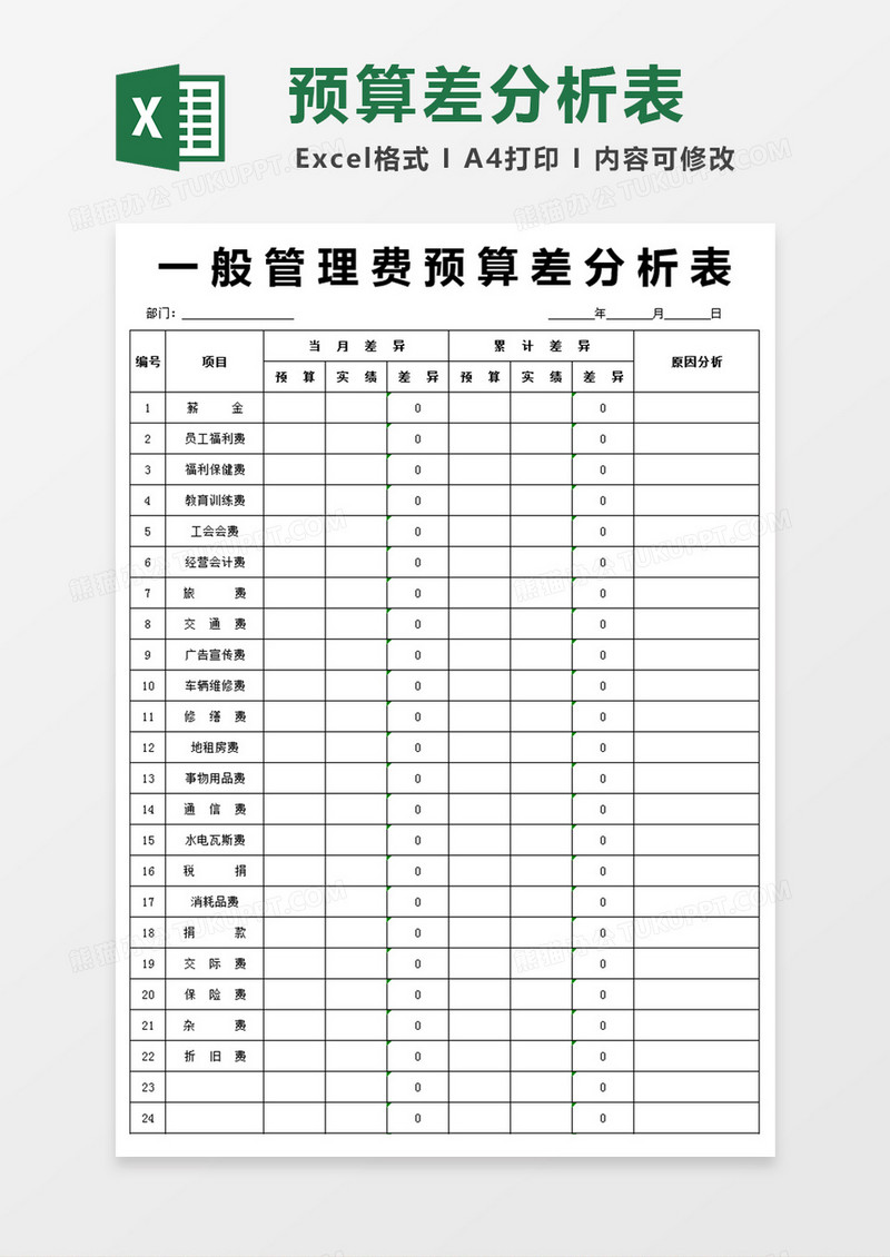 一般管理费预算差分析表