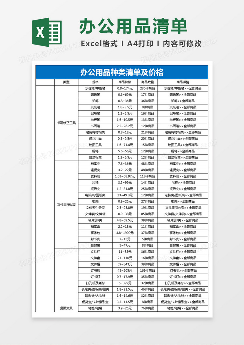 办公用品种类价格表