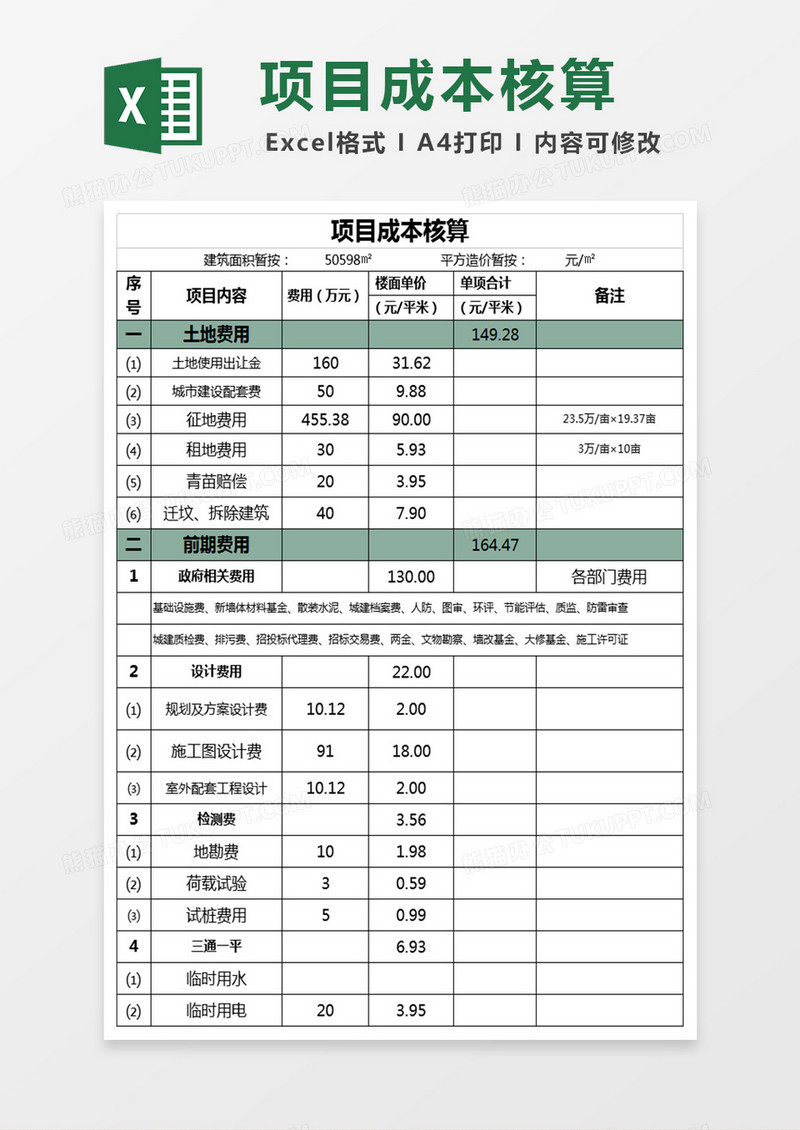 建筑成本估算表格