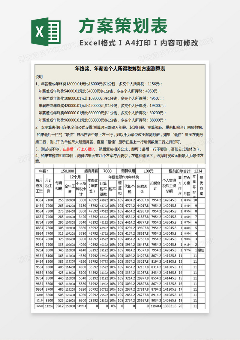 个人所得税筹划方案测算表excel模板