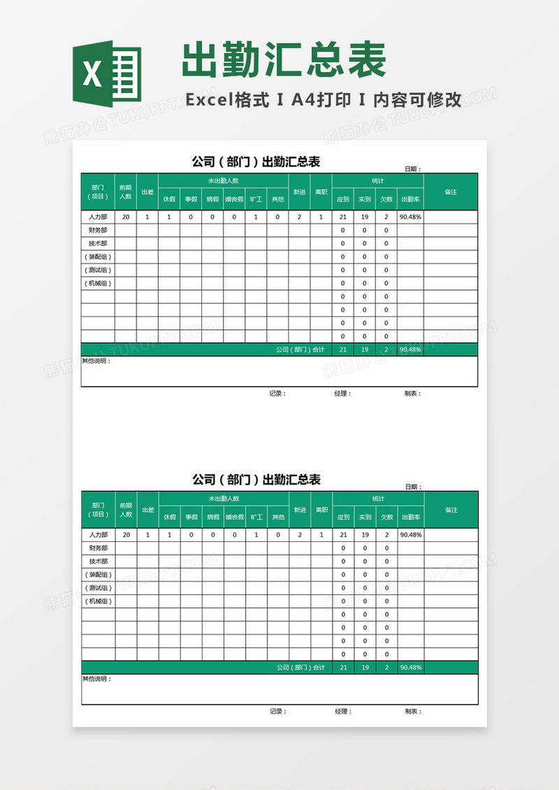 公司出勤汇总表Excel表格模板
