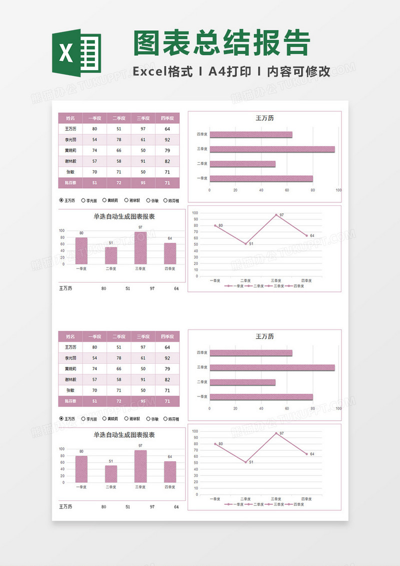 单选自动生成图表总结报表excel模板