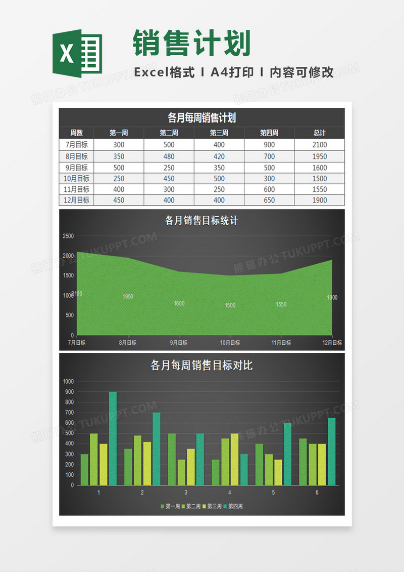 黑色各月每周销售计划表excel模板