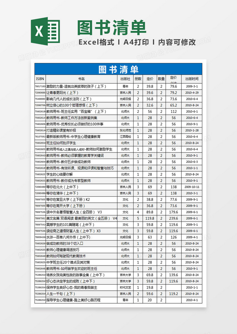 图书详细清单Excel表