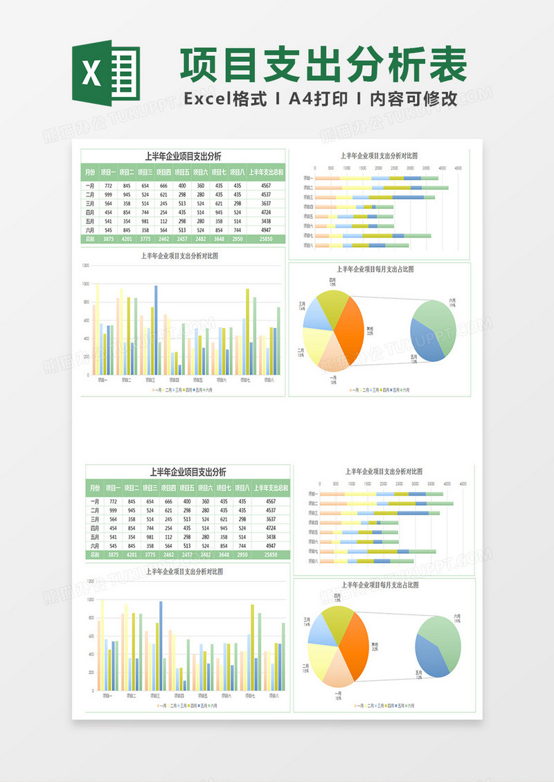绿色上半年项目支出分析报表Excel模板