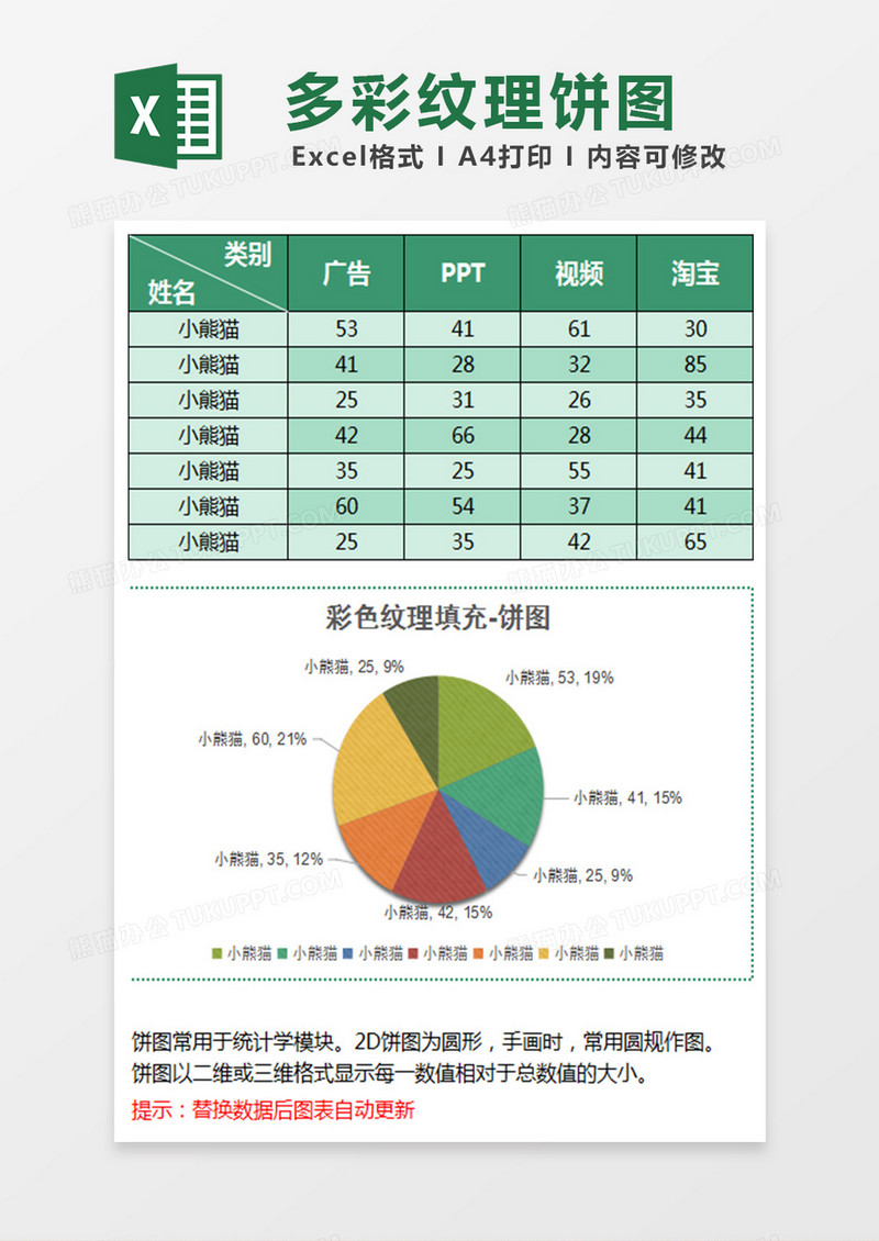 多彩纹理填充饼图excel模板