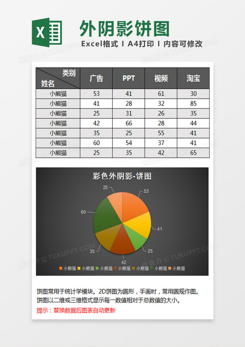 黑色简约外阴影饼图excel模板